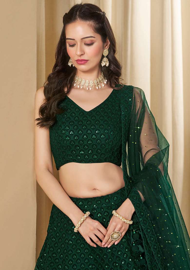 Green Embroidery Georgette Lehenga Set for Diwali and Festive Wear - Indya