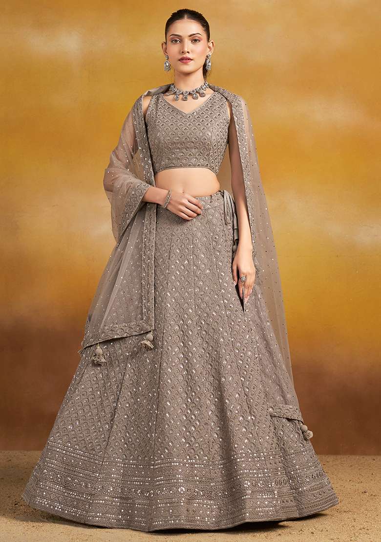 Grey Embroidery Georgette Lehenga Set for Diwali and Festive Wear - Indya