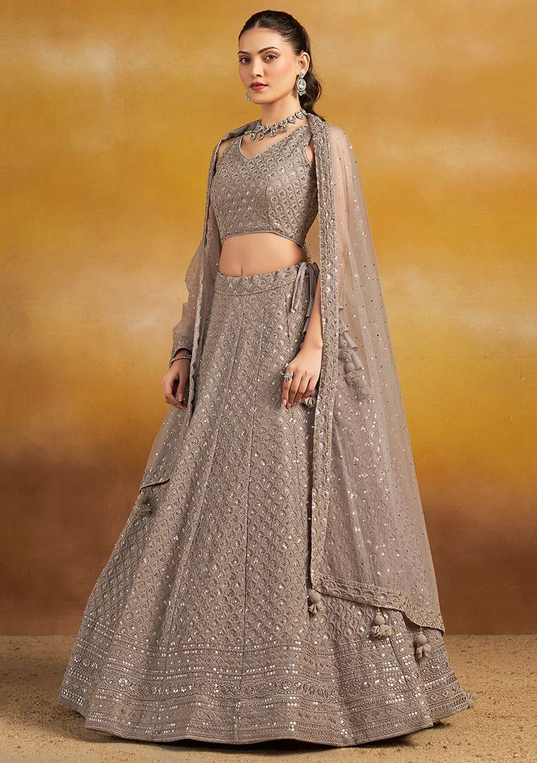 Grey Embroidery Georgette Lehenga Set for Diwali and Festive Wear - Indya