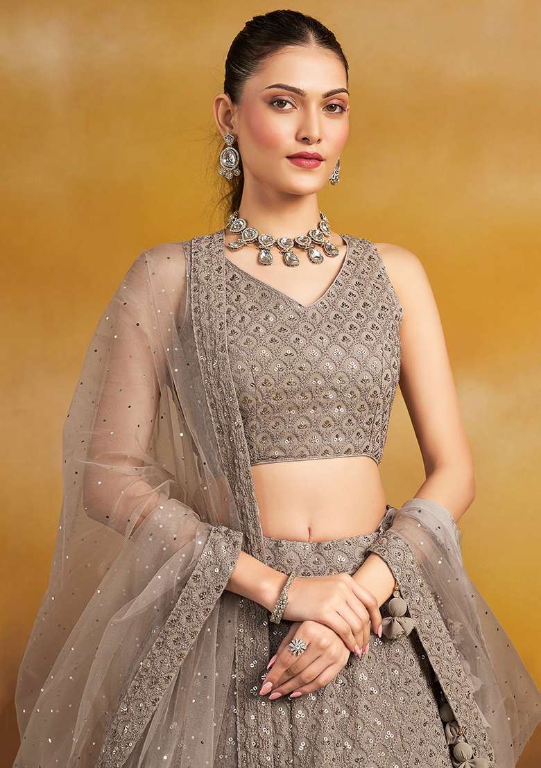 Grey Embroidery Georgette Lehenga Set for Diwali and Festive Wear - Indya
