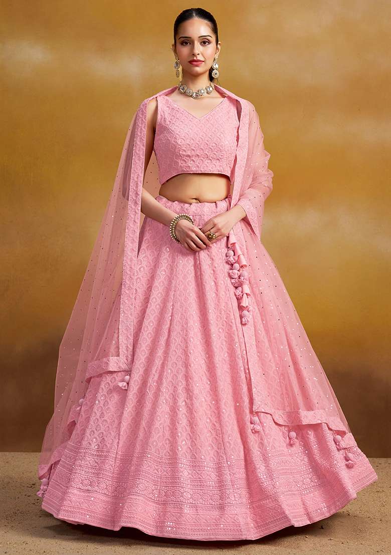 Light Pink Embroidery Georgette Lehenga Set for Diwali and Festive Wear - Indya
