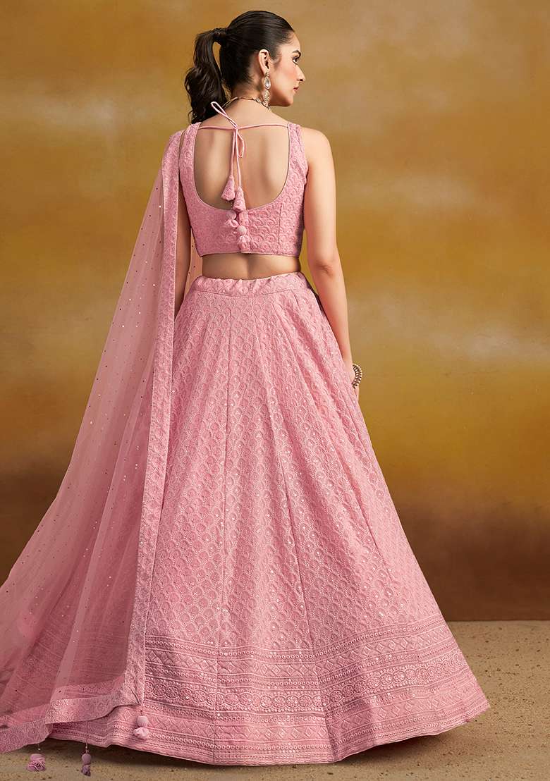 Light Pink Embroidery Georgette Lehenga Set for Diwali and Festive Wear - Indya