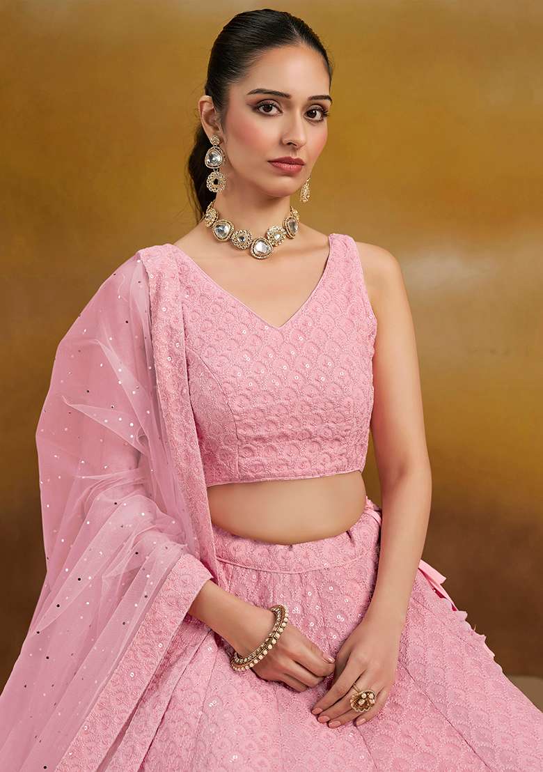 Light Pink Embroidery Georgette Lehenga Set for Diwali and Festive Wear - Indya