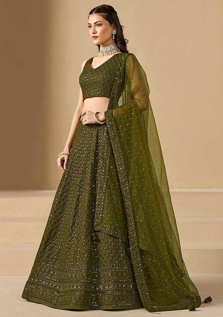 Mehendi Embroidery Georgette Lehenga Set for Diwali and Festive Wear - Indya