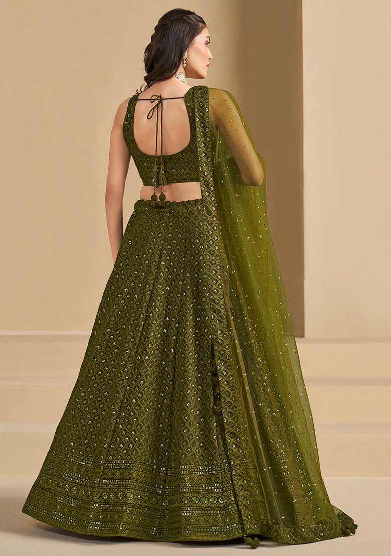 Mehendi Embroidery Georgette Lehenga Set for Diwali and Festive Wear - Indya