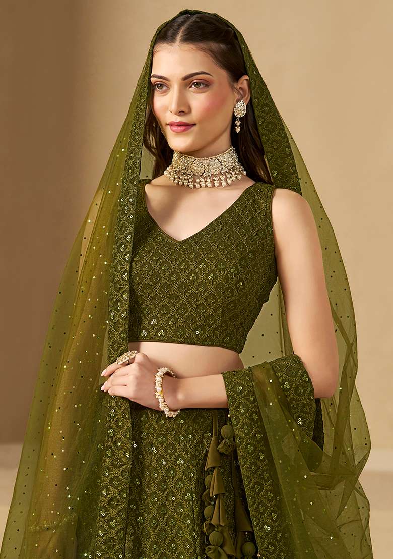 Mehendi Embroidery Georgette Lehenga Set for Diwali and Festive Wear - Indya