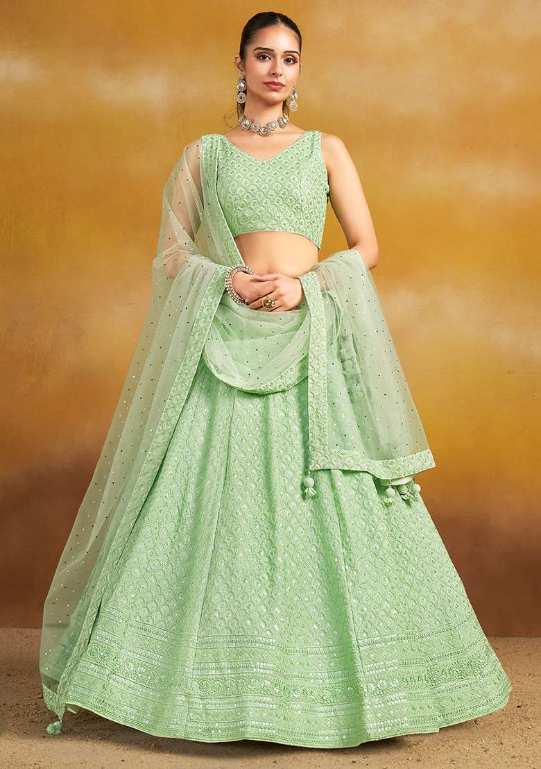 Mint Green Georgette Lehenga Set with Embroidery for Diwali | Wedding & Festive Wear - Indya