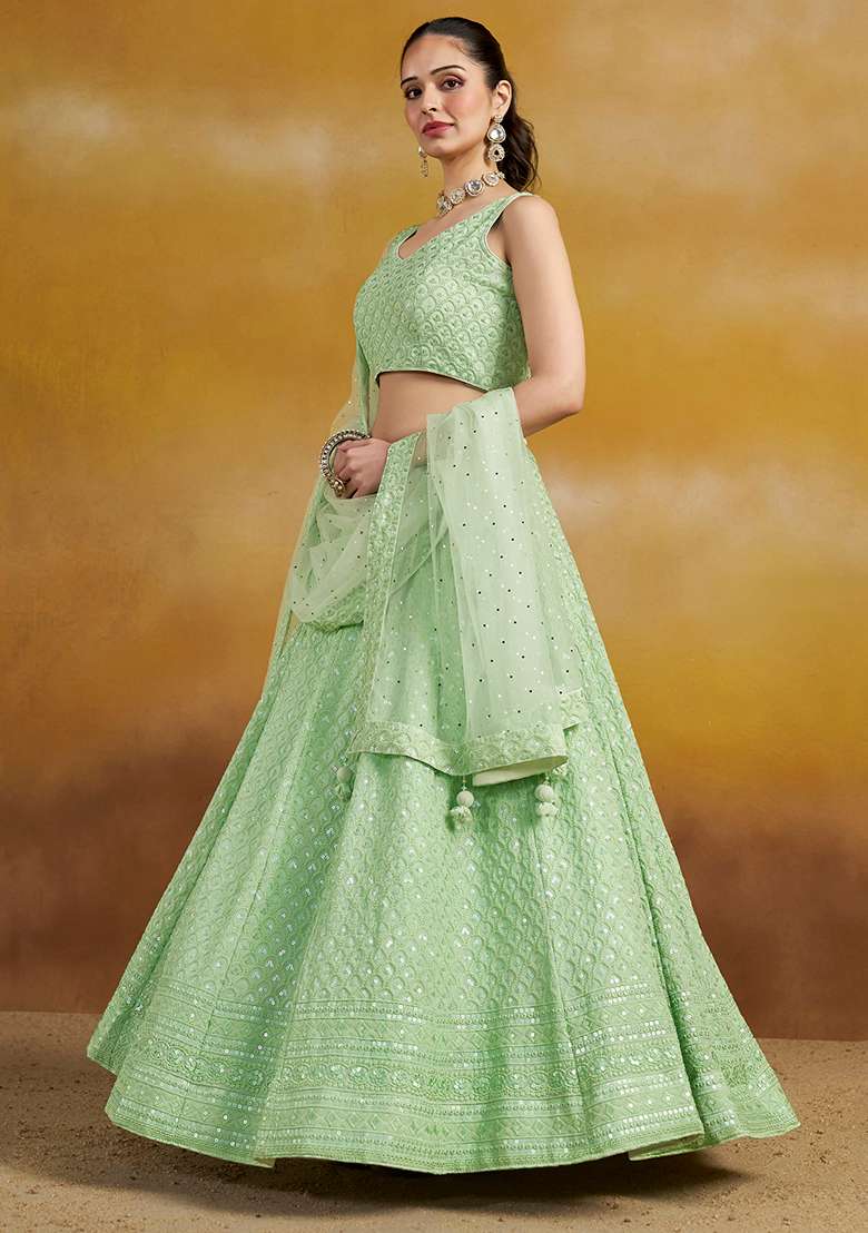 Mint Green Georgette Lehenga Set with Embroidery for Diwali | Wedding & Festive Wear - Indya