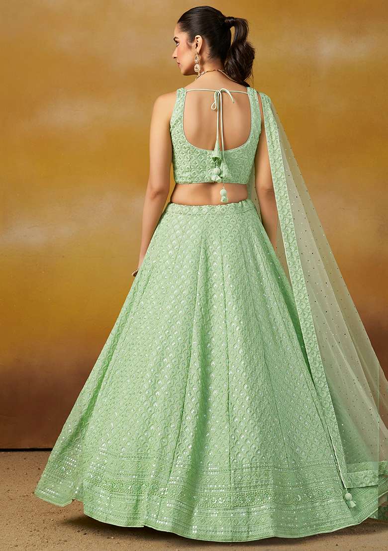 Mint Green Georgette Lehenga Set with Embroidery for Diwali | Wedding & Festive Wear - Indya