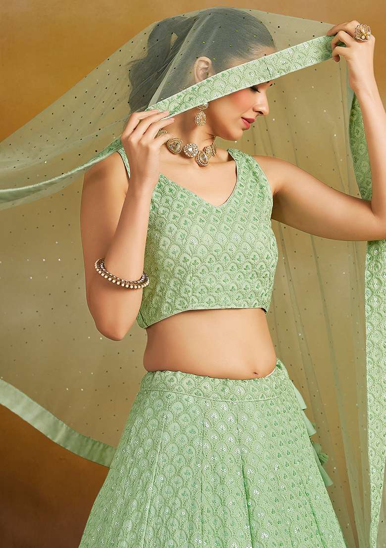 Mint Green Georgette Lehenga Set with Embroidery for Diwali | Wedding & Festive Wear - Indya
