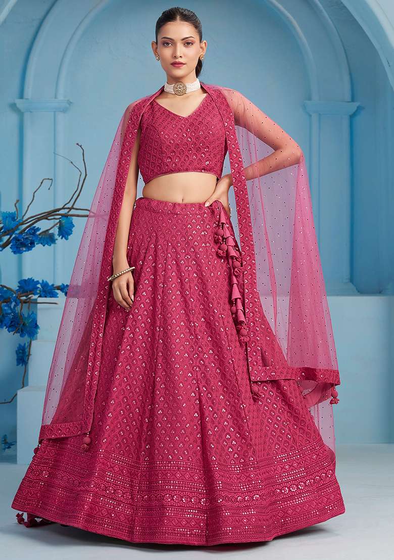 Pink Embroidery Georgette Lehenga Set for Diwali and Festive Wear - Indya