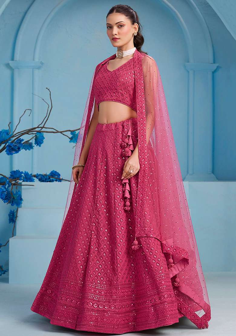 Pink Embroidery Georgette Lehenga Set for Diwali and Festive Wear - Indya