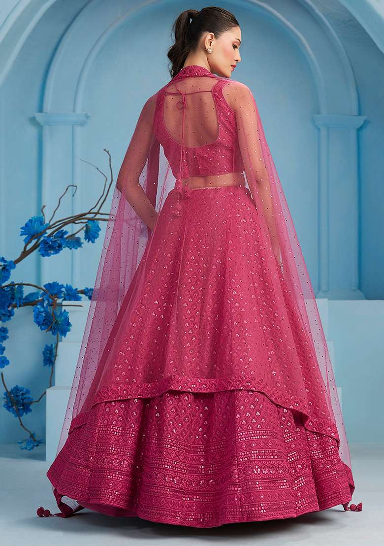 Pink Embroidery Georgette Lehenga Set for Diwali and Festive Wear - Indya