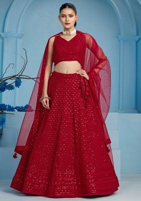Red Embroidery Georgette Lehenga Set