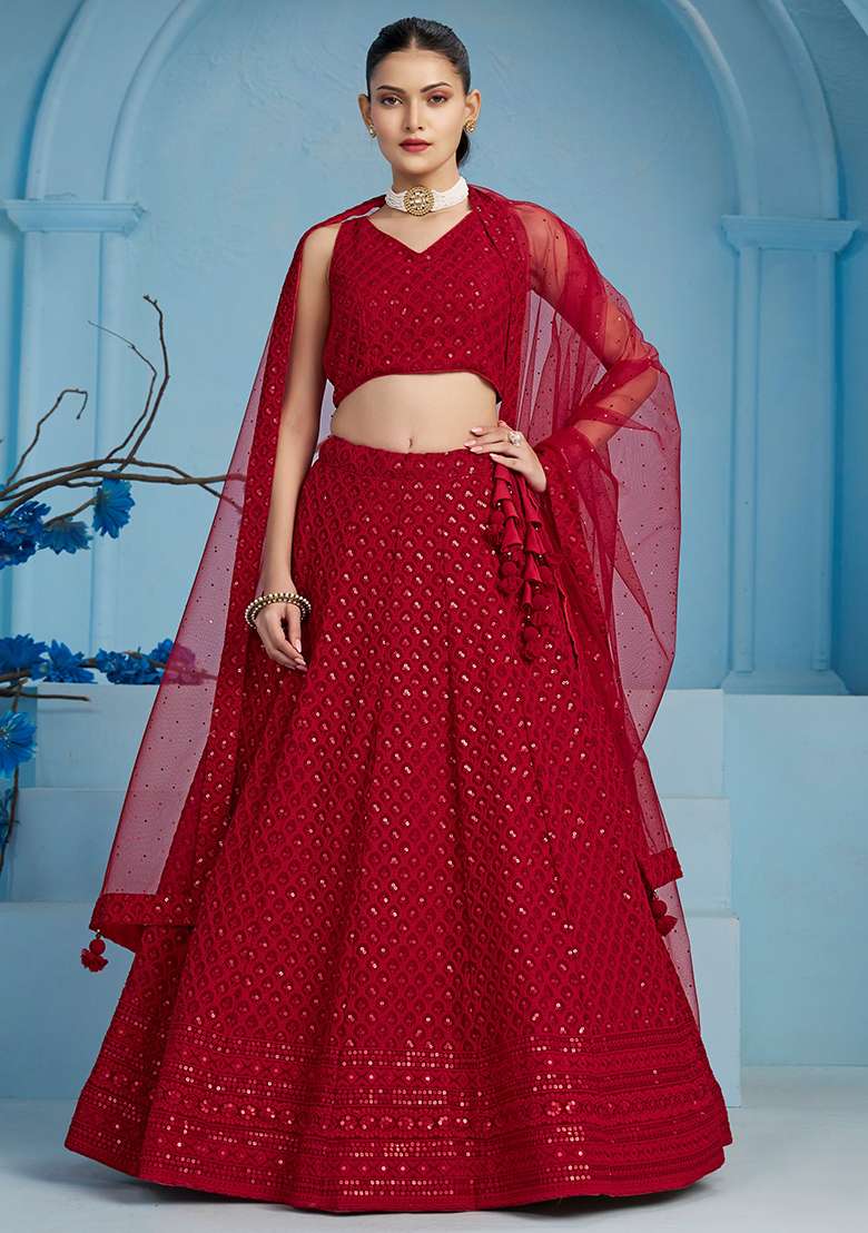 Red Embroidery Georgette Lehenga Set for Diwali and Festive Wear - Indya