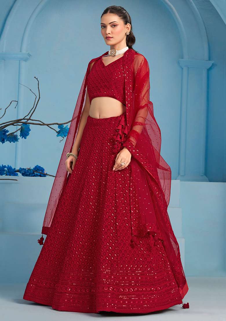 Red Embroidery Georgette Lehenga Set for Diwali and Festive Wear - Indya