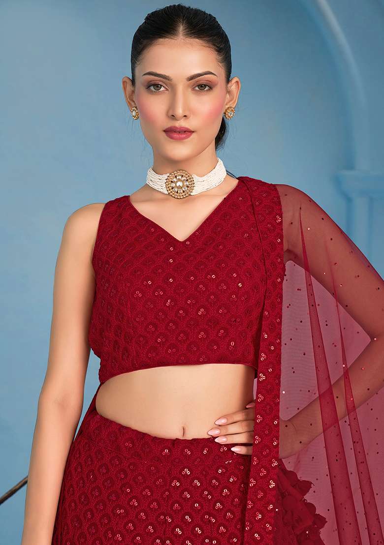 Red Embroidery Georgette Lehenga Set for Diwali and Festive Wear - Indya