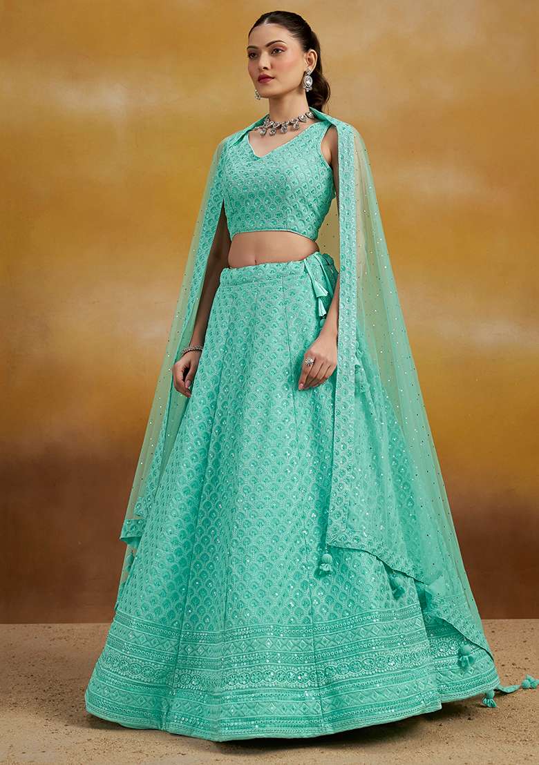 Sky Blue Embroidery Georgette Lehenga Set for Diwali and Festive Wear - Indya