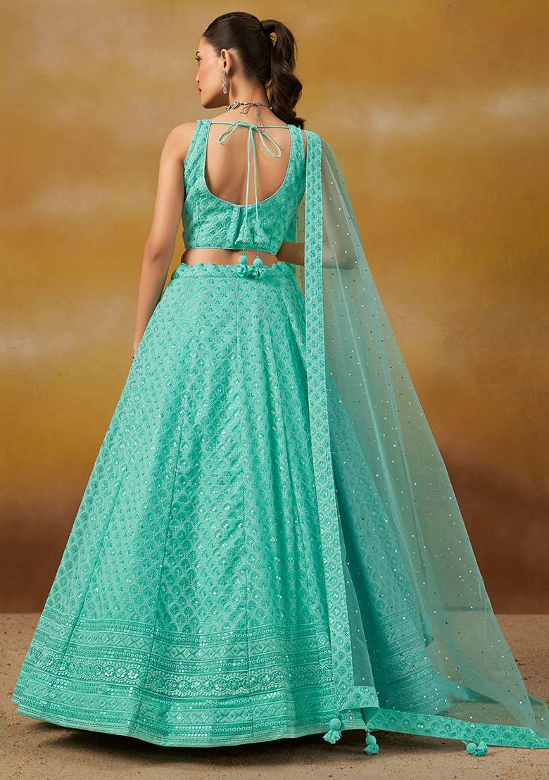 Sky Blue Embroidery Georgette Lehenga Set for Diwali and Festive Wear - Indya
