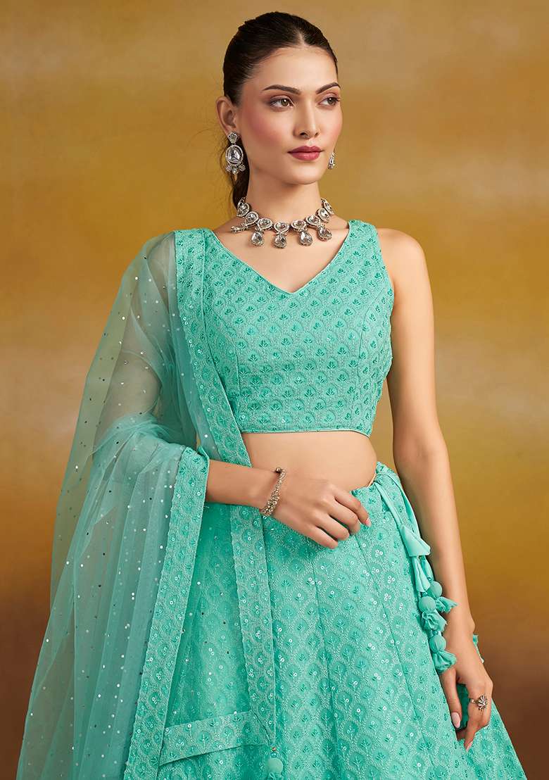 Sky Blue Embroidery Georgette Lehenga Set for Diwali and Festive Wear - Indya