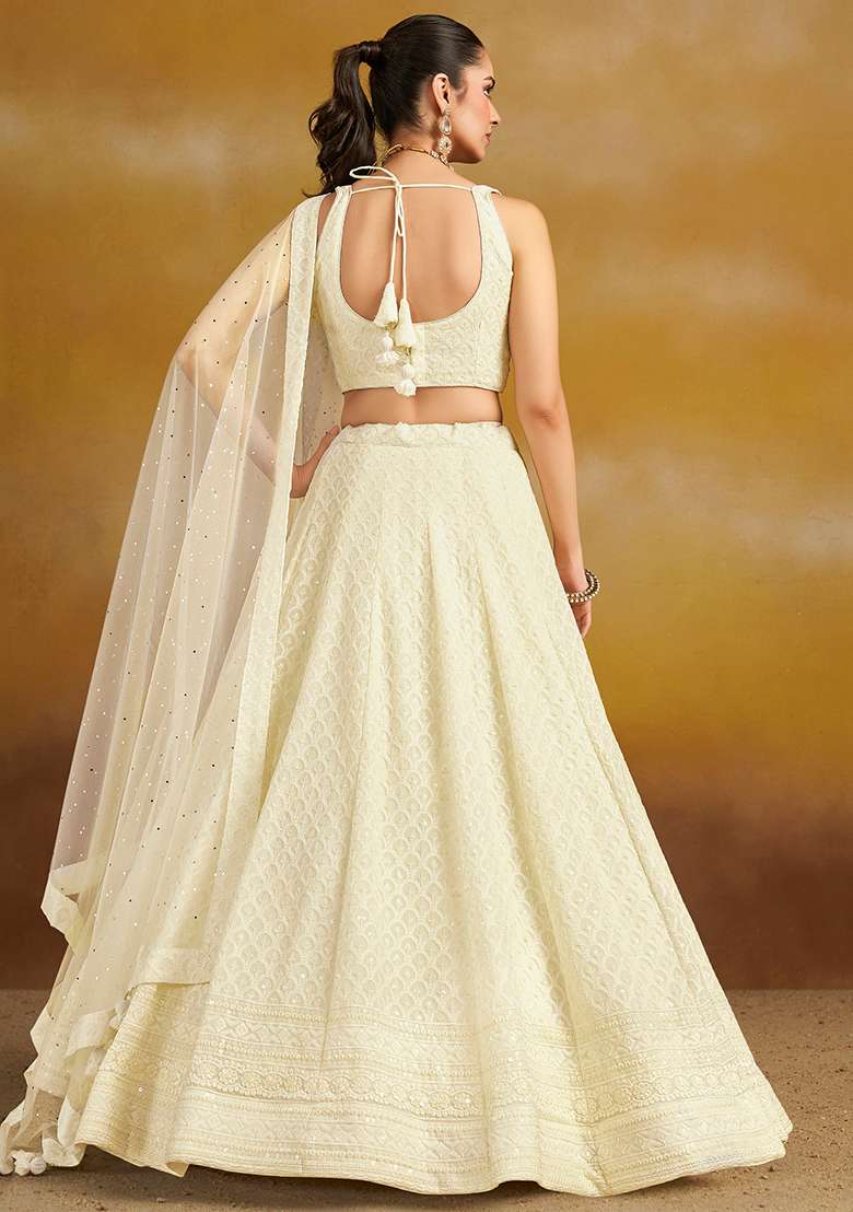 White Georgette Lehenga Set with Embroidery for Diwali | Wedding & Festive Wear - Indya