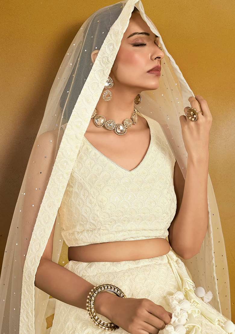 White Georgette Lehenga Set with Embroidery for Diwali | Wedding & Festive Wear - Indya