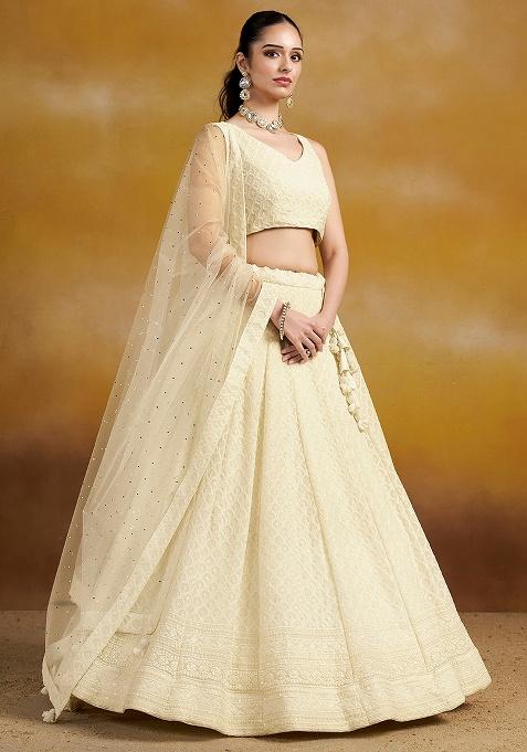 White Embroidery Georgette Lehenga Set