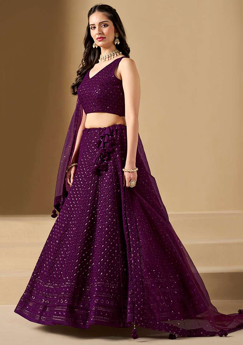 Wine Georgette Lehenga Set with Embroidery for Diwali | Wedding & Festive Wear - Indya