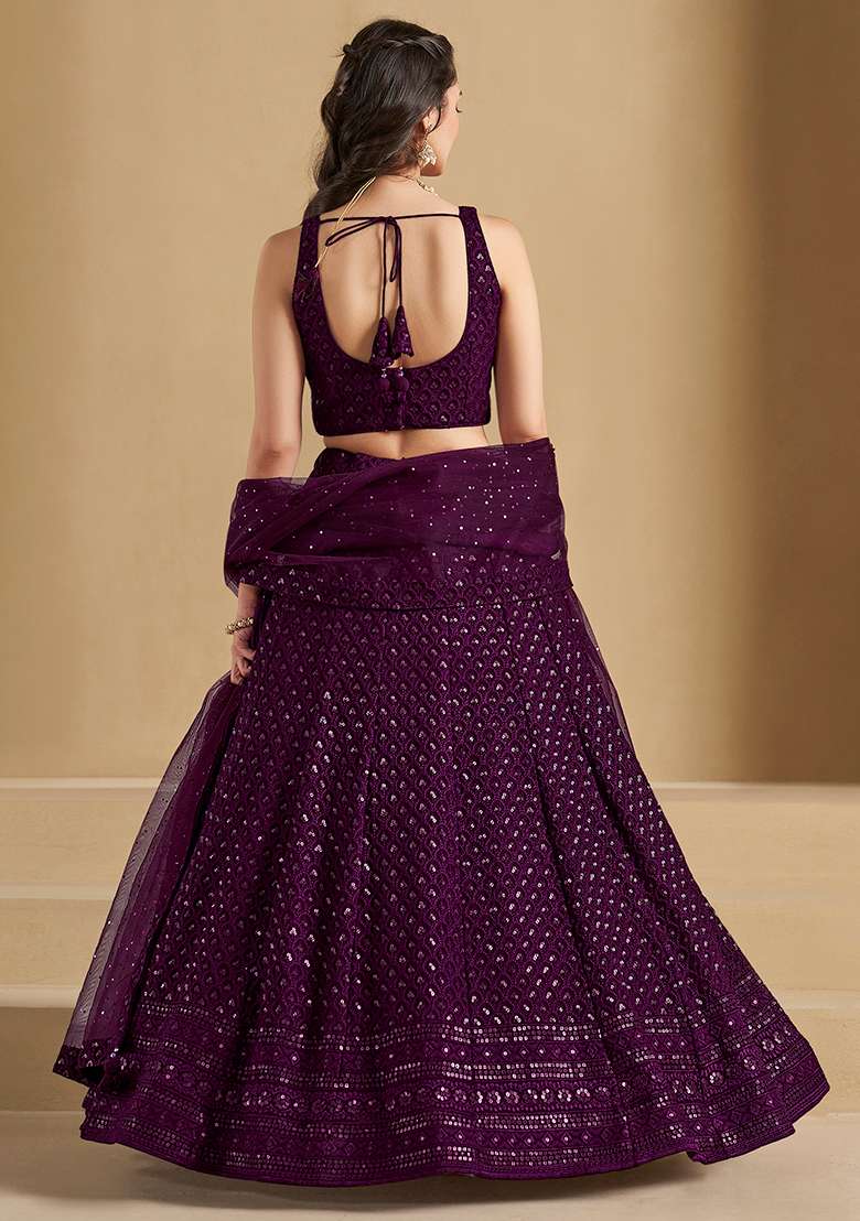 Wine Georgette Lehenga Set with Embroidery for Diwali | Wedding & Festive Wear - Indya