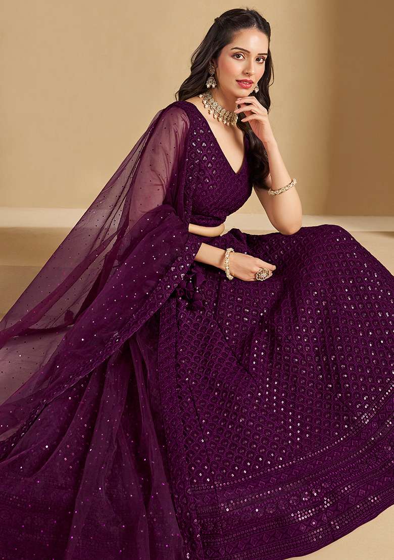 Wine Georgette Lehenga Set with Embroidery for Diwali | Wedding & Festive Wear - Indya