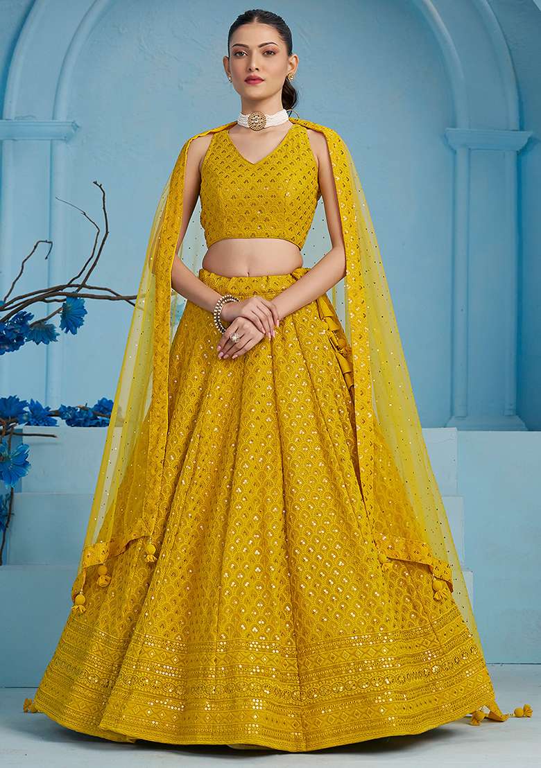 Yellow Embroidery Georgette Lehenga Set for Diwali and Festive Wear - Indya