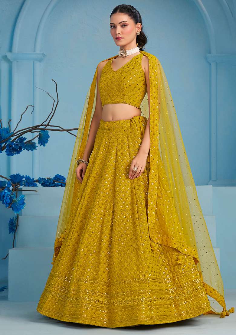 Yellow Embroidery Georgette Lehenga Set for Diwali and Festive Wear - Indya