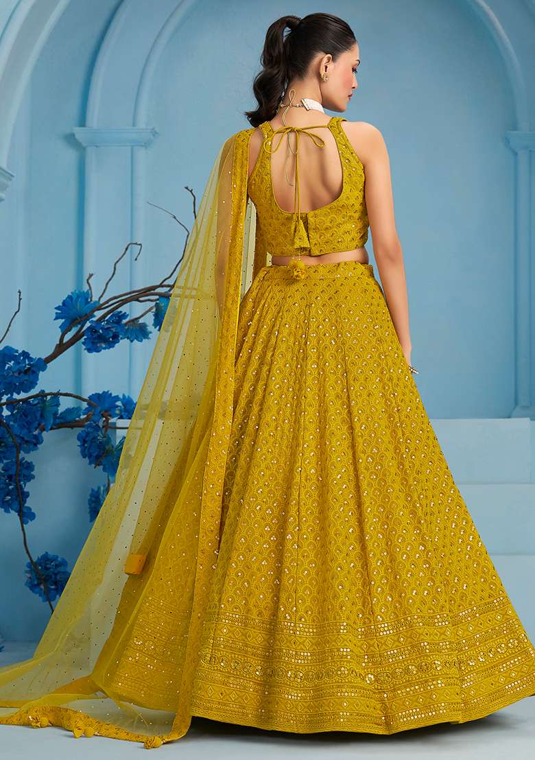 Yellow Embroidery Georgette Lehenga Set for Diwali and Festive Wear - Indya