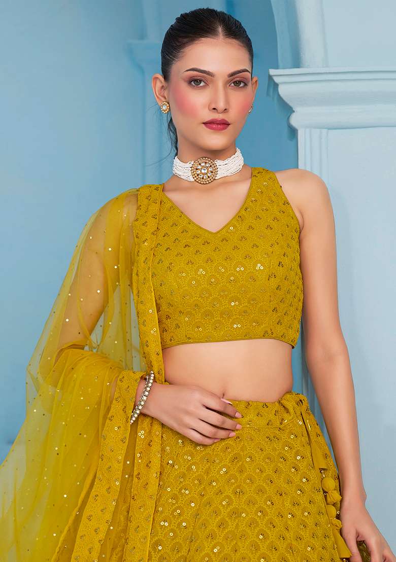 Yellow Embroidery Georgette Lehenga Set for Diwali and Festive Wear - Indya