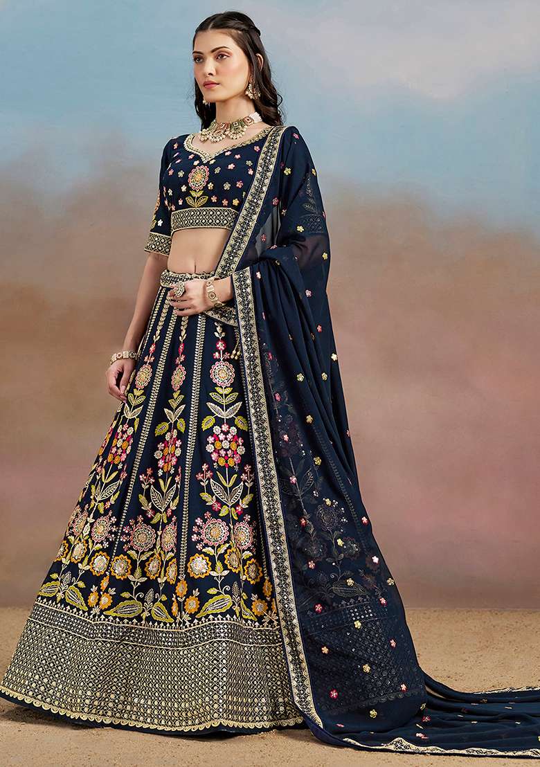 Blue Georgette Lehenga Set with Embroidery for Diwali | Wedding & Festive Wear - Indya