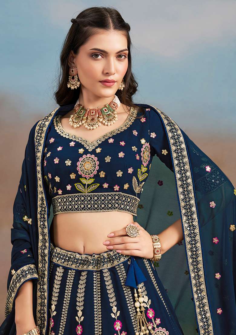 Blue Georgette Lehenga Set with Embroidery for Diwali | Wedding & Festive Wear - Indya