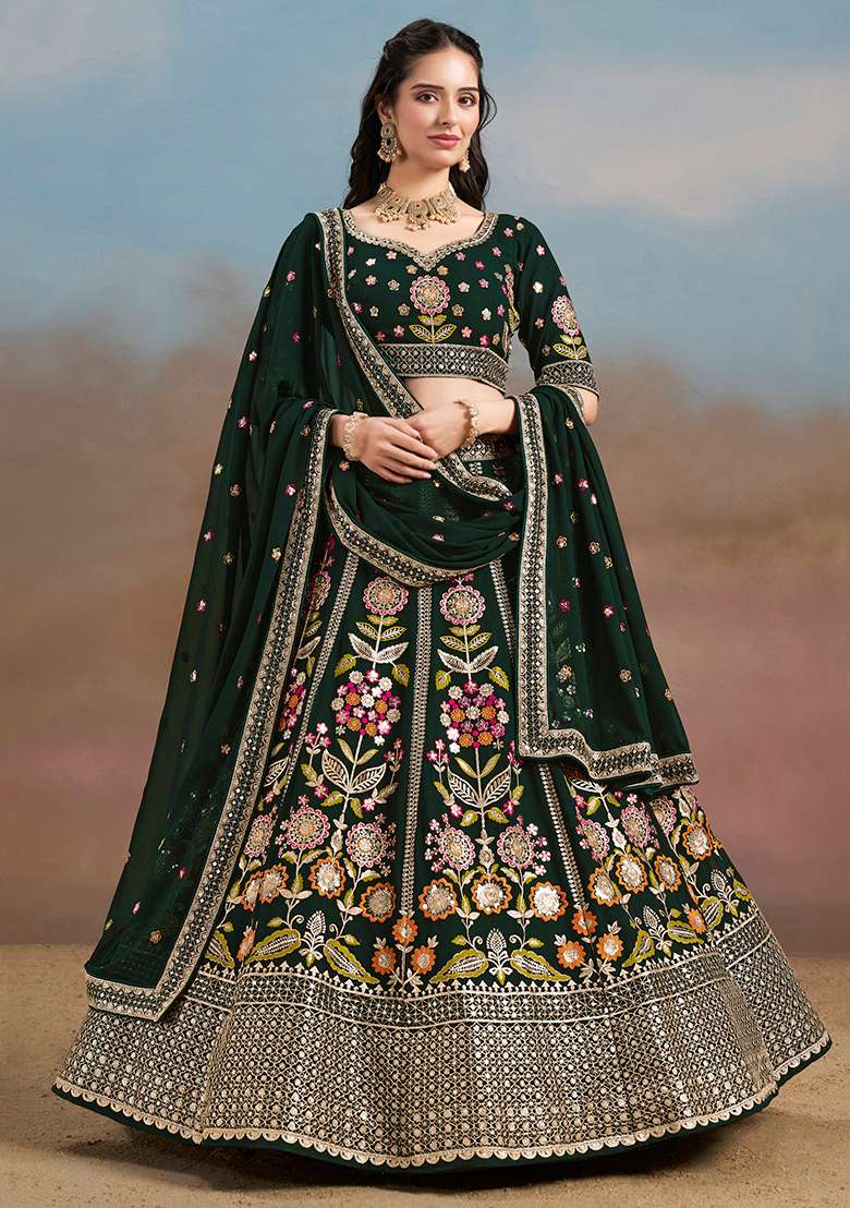 Green Embroidery Georgette Lehenga Set for Diwali and Festive Wear - Indya