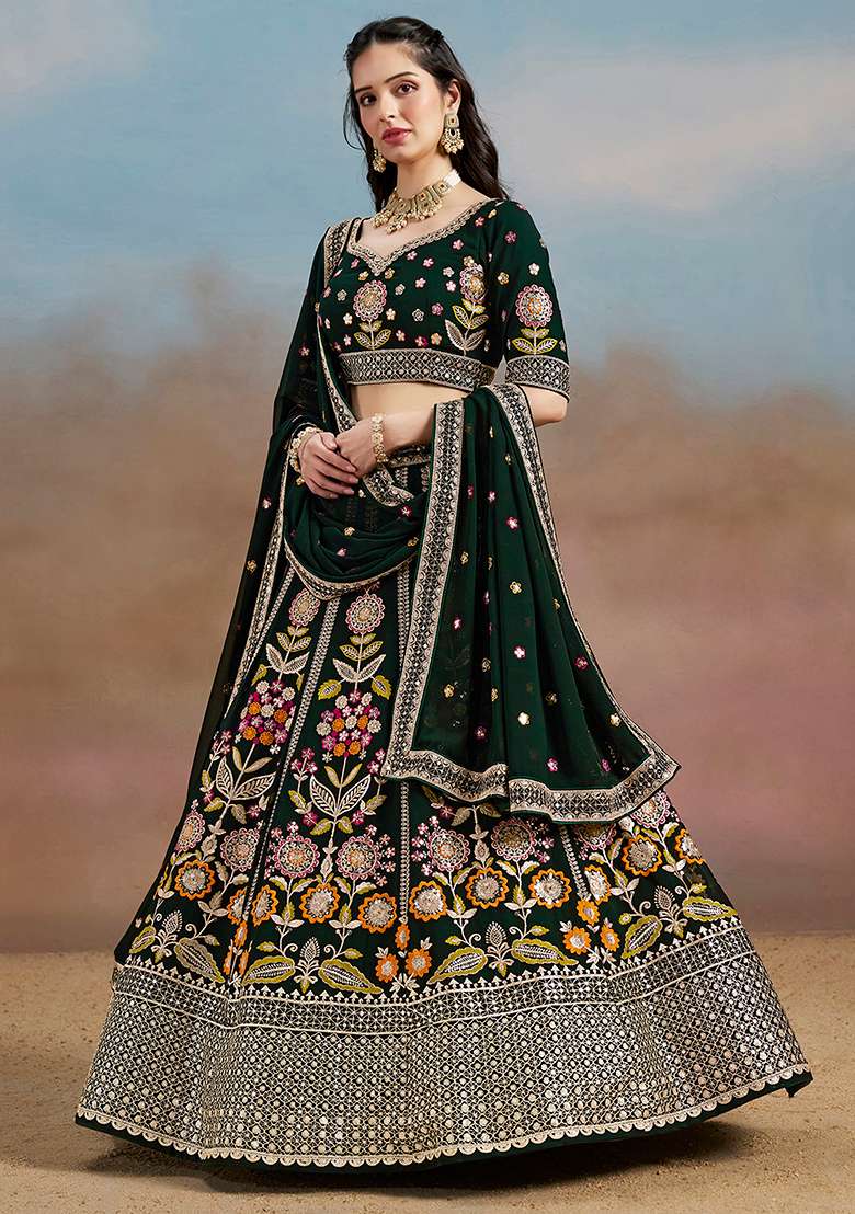 Green Embroidery Georgette Lehenga Set for Diwali and Festive Wear - Indya