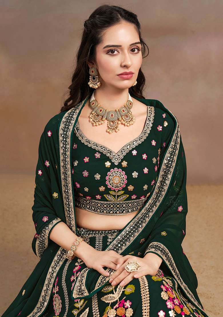 Green Embroidery Georgette Lehenga Set for Diwali and Festive Wear - Indya