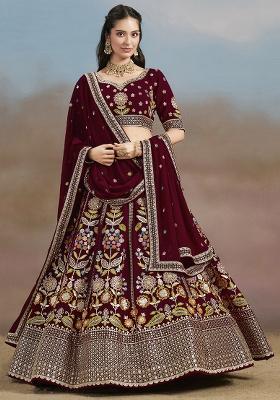 Maroon Embroidery Georgette Lehenga Set