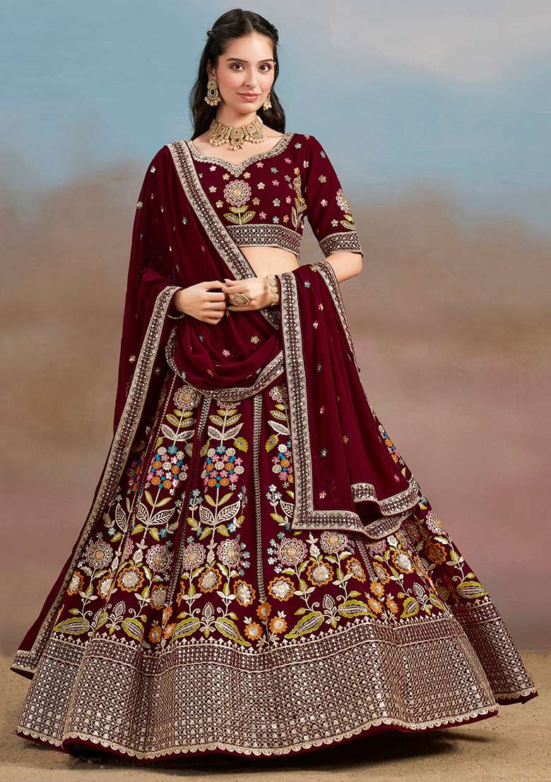 Maroon Embroidery Georgette Lehenga Set for Diwali and Festive Wear - Indya