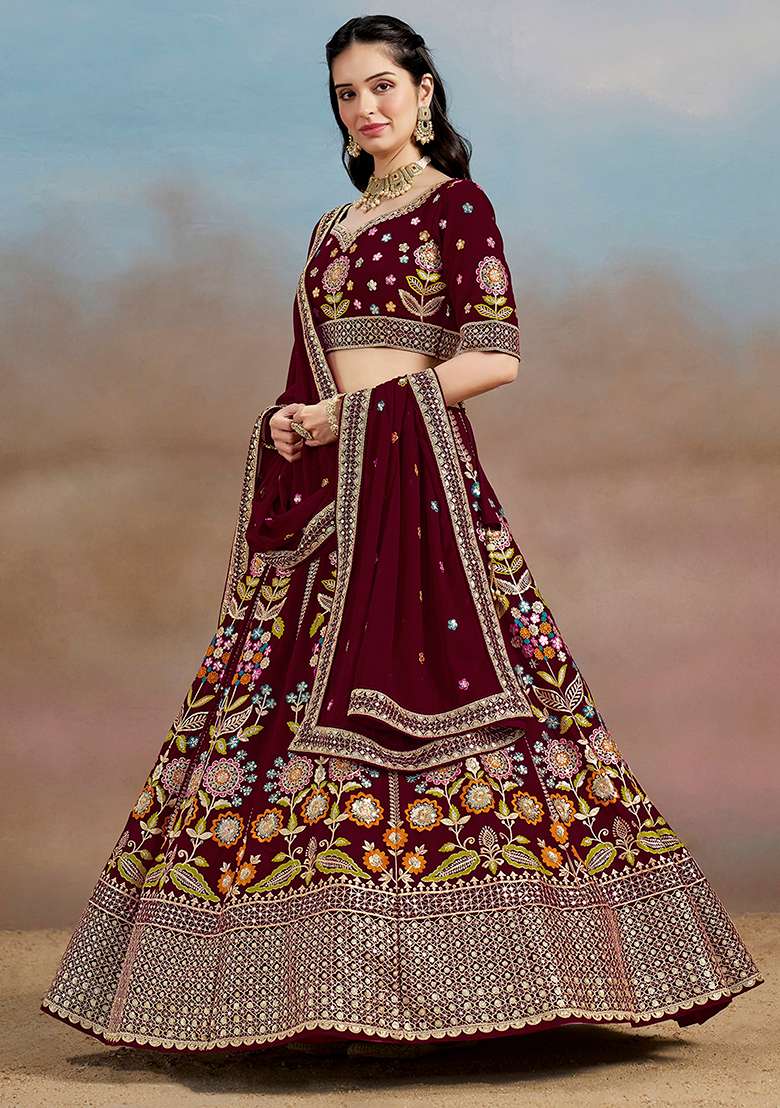 Maroon Embroidery Georgette Lehenga Set for Diwali and Festive Wear - Indya