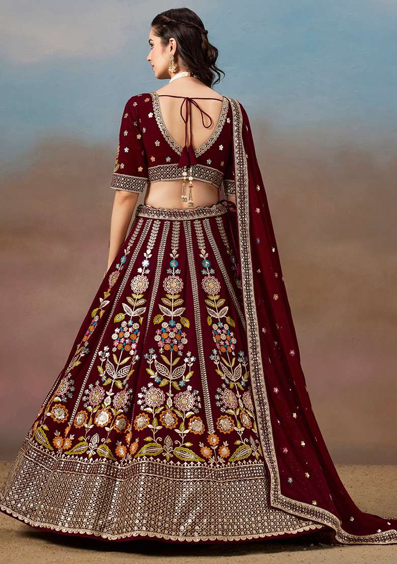 Maroon Embroidery Georgette Lehenga Set for Diwali and Festive Wear - Indya