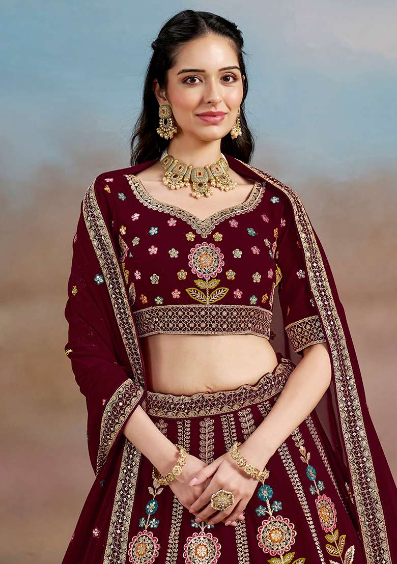Maroon Embroidery Georgette Lehenga Set for Diwali and Festive Wear - Indya