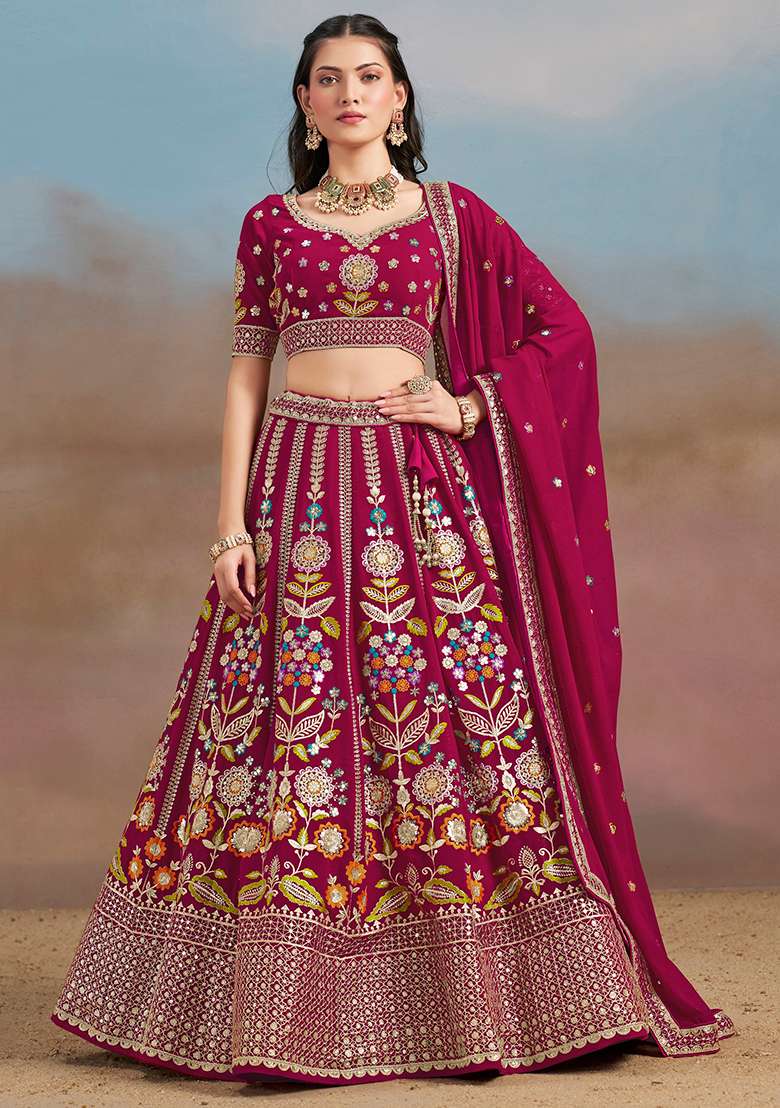 Pink Embroidery Georgette Lehenga Set for Diwali and Festive Wear - Indya