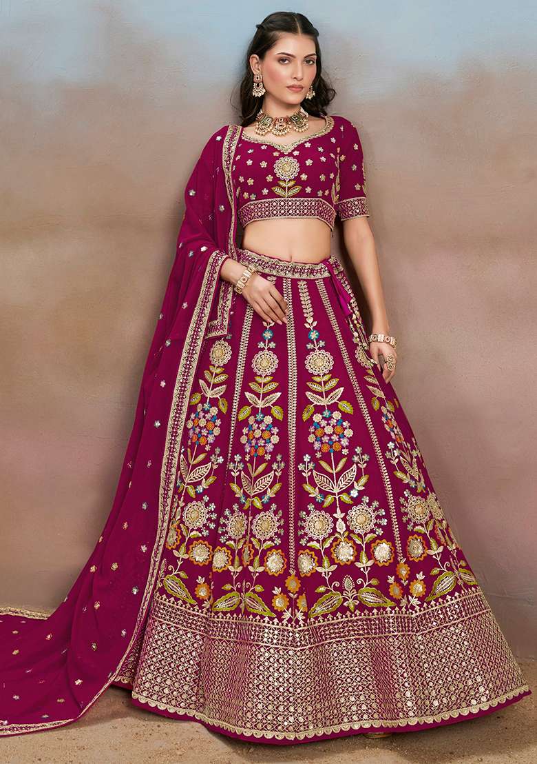 Pink Embroidery Georgette Lehenga Set for Diwali and Festive Wear - Indya