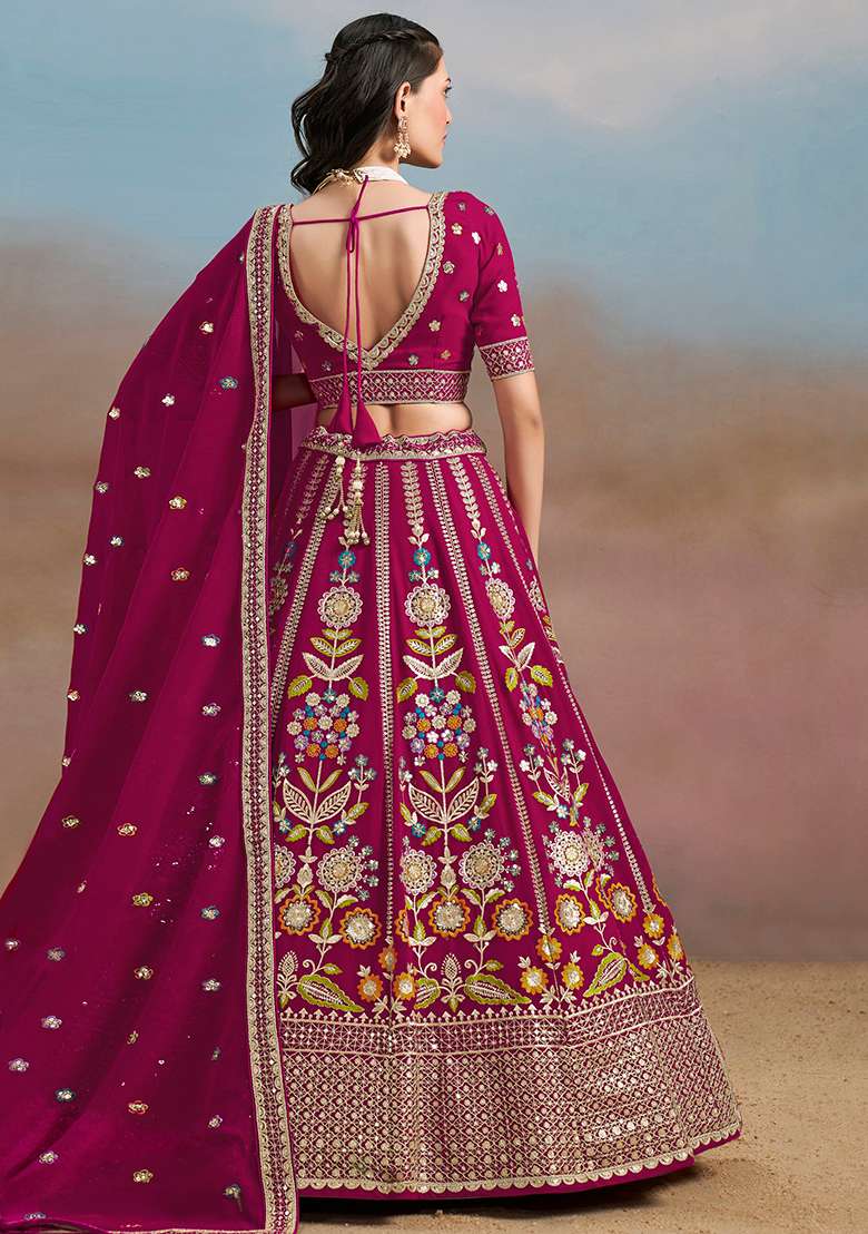 Pink Embroidery Georgette Lehenga Set for Diwali and Festive Wear - Indya