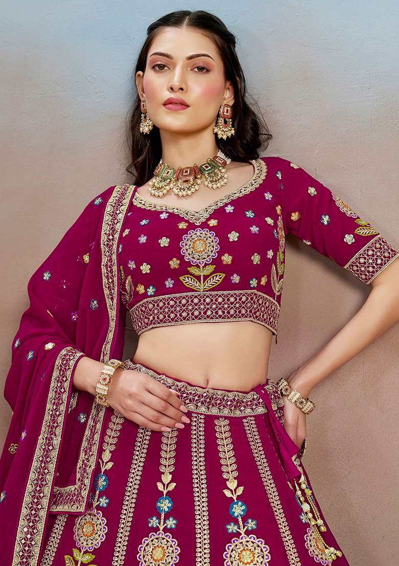 Pink Embroidery Georgette Lehenga Set for Diwali and Festive Wear - Indya