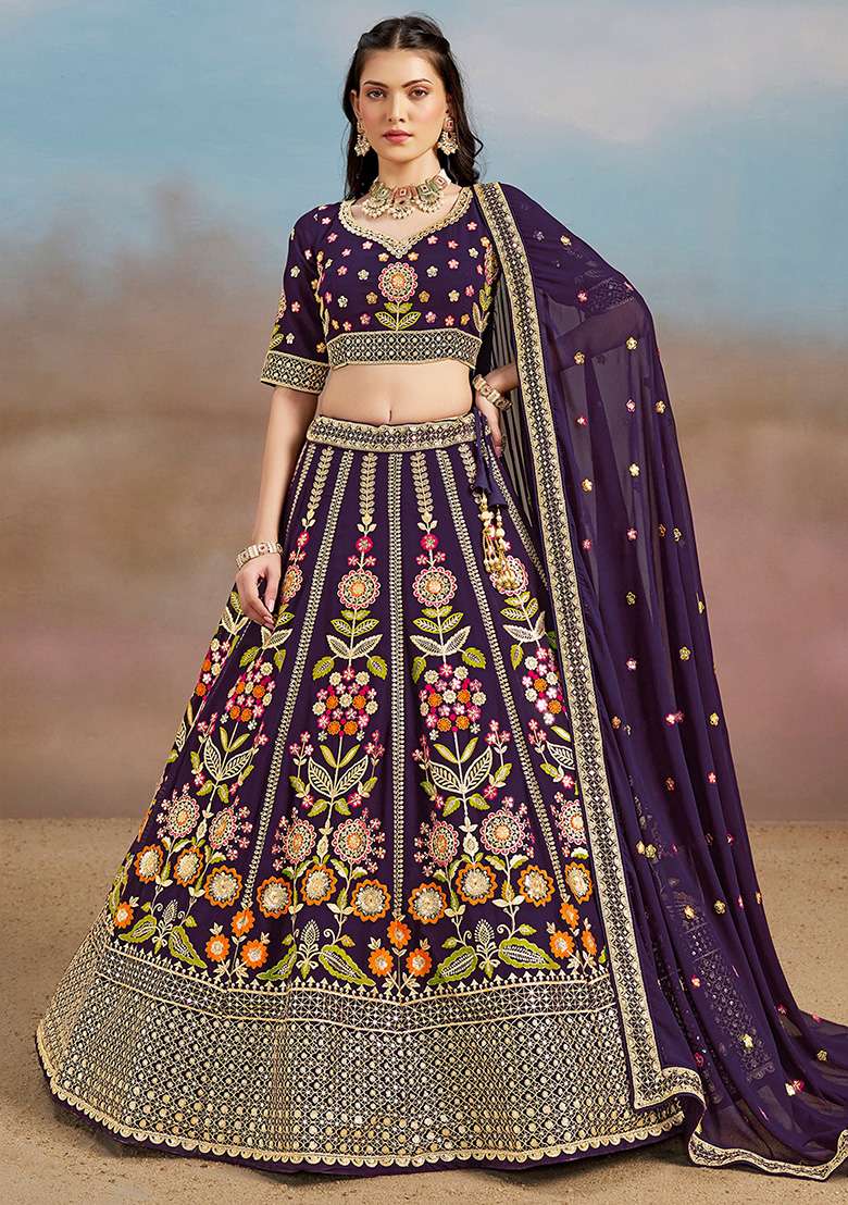 Purple Embroidery Georgette Lehenga Set for Diwali and Festive Wear - Indya