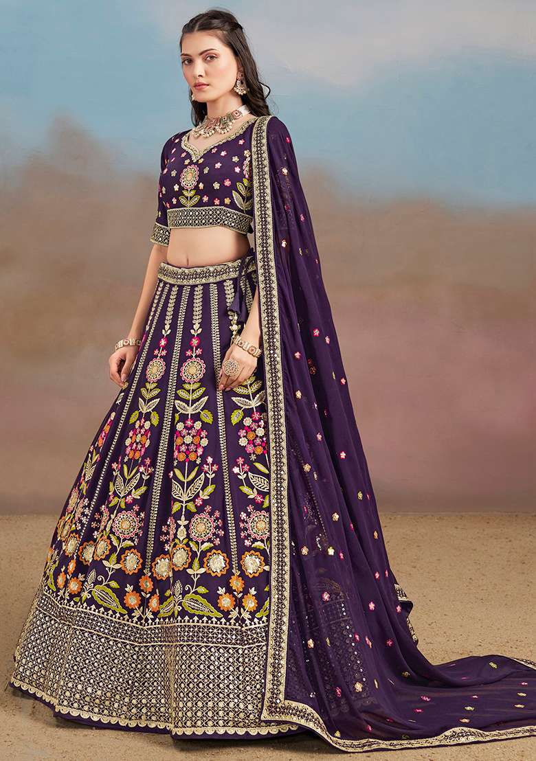 Purple Embroidery Georgette Lehenga Set for Diwali and Festive Wear - Indya